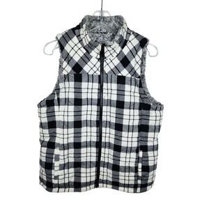 Maurice Womens XL Buffalo Check Black White Quilted Fleece Vest Reversable Plaid